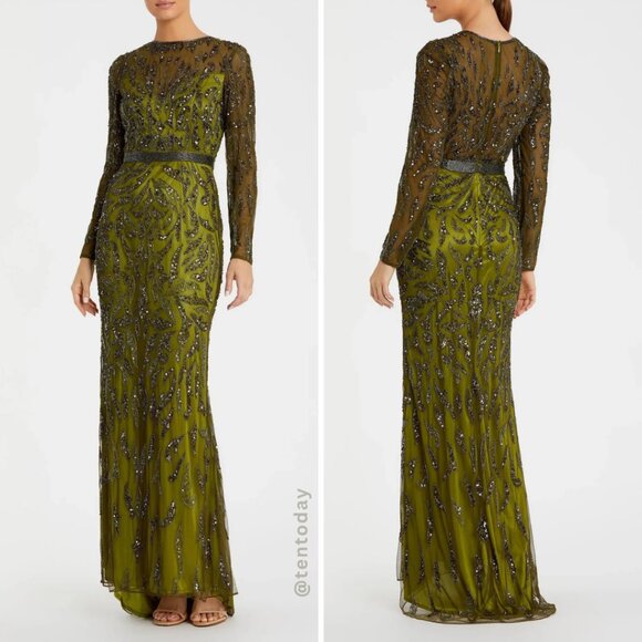 Mac Duggal 5124 Size 6 Olive Green Beaded Long Sleeve Evening Gown‎ Maxi Dress - Picture 5 of 6